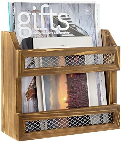 MyGift Rustic Burnt Wood Magazine Holder with Chicken Wire Rail