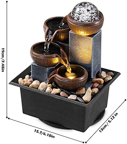 AMOOTEK Tabletop Fountain 4 Level Waterfall with LED Lights and Natural River Rocks