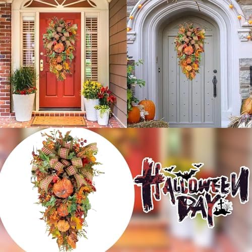 Fall Teardrop Swag Wreath with Pumpkins Sunflowers and Maple Leaves