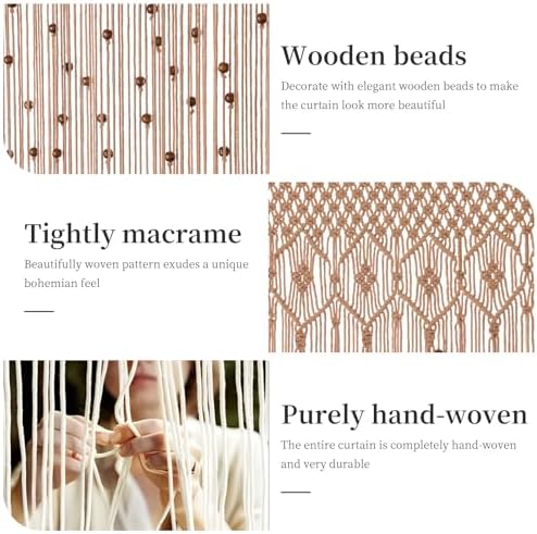 BECHAEO Boho Macrame Beaded Curtain with Wooden Beads Set of 2