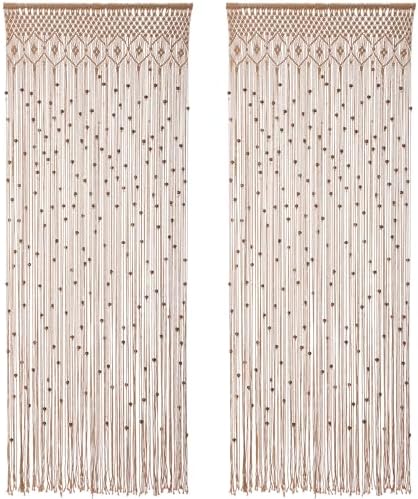 BECHAEO Boho Macrame Beaded Curtain with Wooden Beads Set of 2