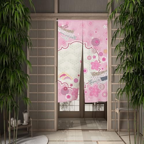 Traditional Japanese Noren Curtain Pink Flowers 335x709 Inch