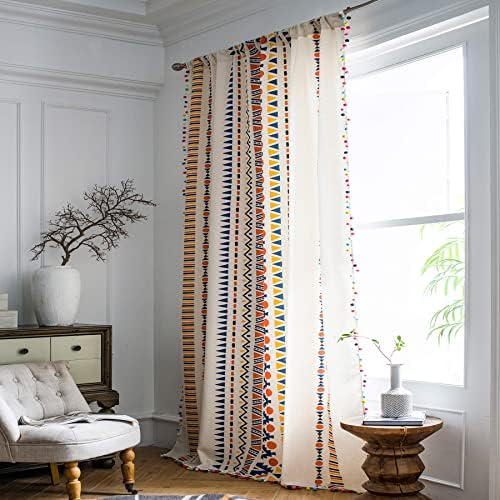 VOGOL Cotton Linen Pom Pom Tasseled Curtains 59x79 Inches
