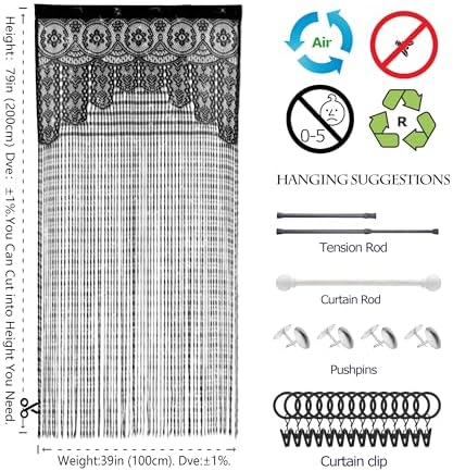 Lace Door String Curtain Black 39x79in