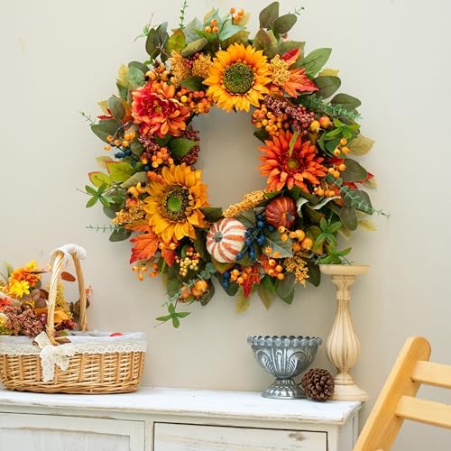 24 Inch Fall Wreath with Pumpkins and Maple Leaves