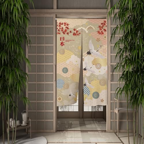 Leowefowa Japanese Noren Door Curtain Red Maple Leaf Design