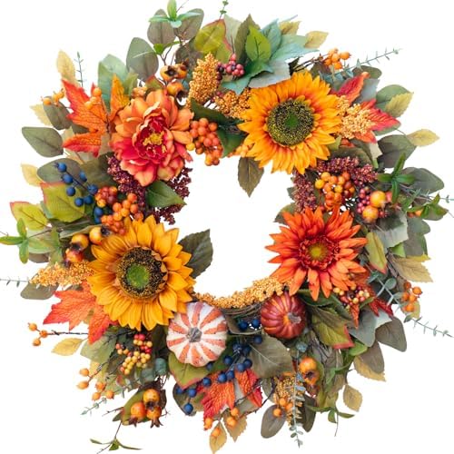 24 Inch Fall Wreath with Pumpkins and Maple Leaves