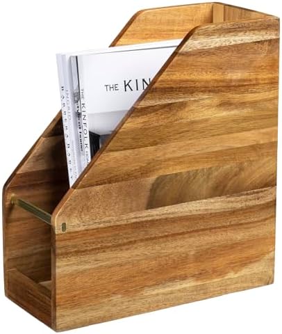 MyGift Premium Hotel Series Acacia Wood Magazine Holder with Brass Tone Metal Accent