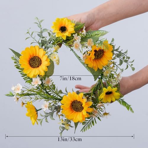 KHOYIME 13 Inch Sunflower Door Wreath All Season Decor