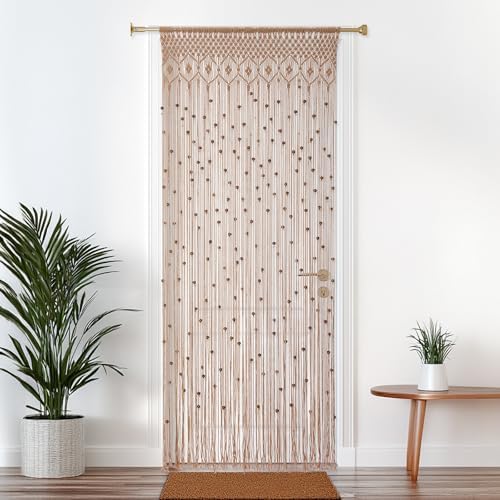 BECHAEO Boho Macrame Beaded Curtain with Wooden Beads Set of 2
