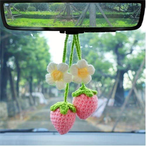 LB 2PCS Crochet Strawberry Flower Car Hanging Ornament
