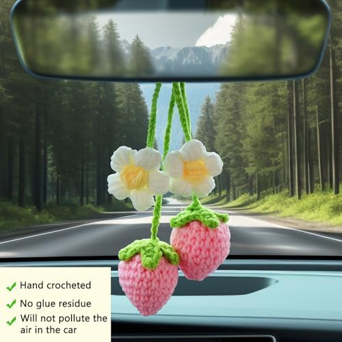 LB 2PCS Crochet Strawberry Flower Car Hanging Ornament