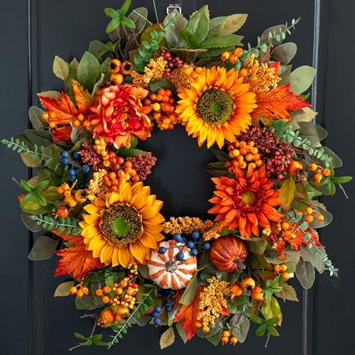 24 Inch Fall Wreath with Pumpkins and Maple Leaves