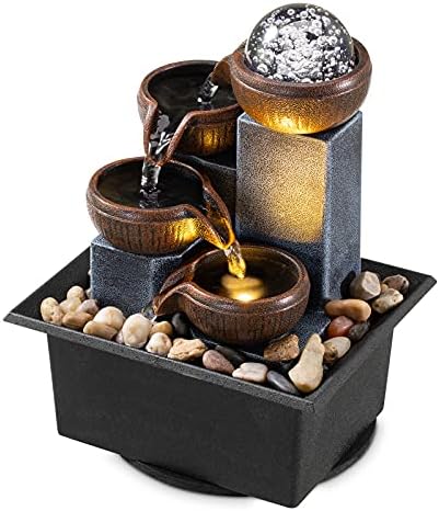 AMOOTEK Tabletop Fountain 4 Level Waterfall with LED Lights and Natural River Rocks