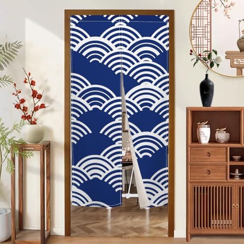 Japanese Modern Noren Door Curtain Wave Pattern Blue 335x709