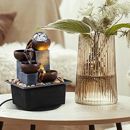 AMOOTEK Tabletop Fountain 4 Level Waterfall with LED Lights and Natural River Rocks