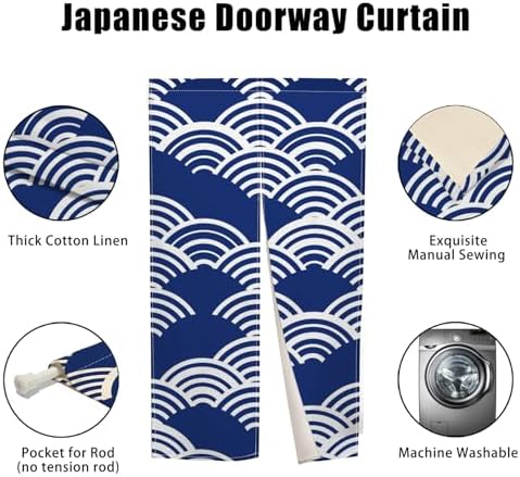 Japanese Modern Noren Door Curtain Wave Pattern Blue 335x709