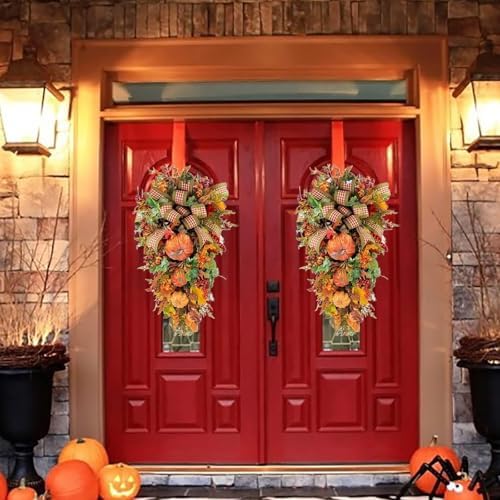 Fall Teardrop Swag Wreath with Pumpkins Sunflowers and Maple Leaves