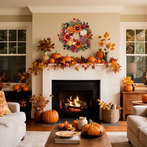 24 Inch Fall Door Wreath with Sunflowers Peonies White Pumpkins Eucalyptus Berries