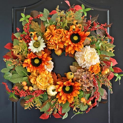 24 Inch Fall Door Wreath with Sunflowers Peonies White Pumpkins Eucalyptus Berries