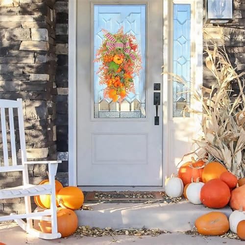Fall Teardrop Swag Wreath with Pumpkins Sunflowers and Maple Leaves
