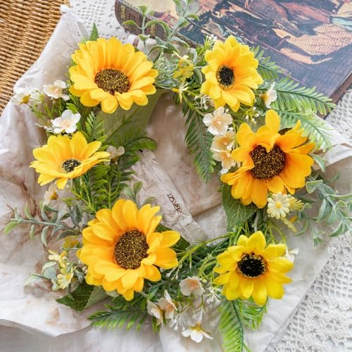 KHOYIME 13 Inch Sunflower Door Wreath All Season Decor
