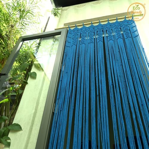 Boho Macrame Curtain with Beads - 77 x 35 Blue