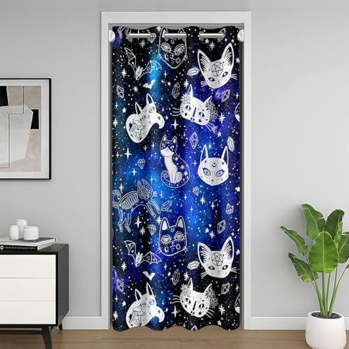 Gothic Cat Skull Door Curtain 34x80 Blue Galaxy Starry