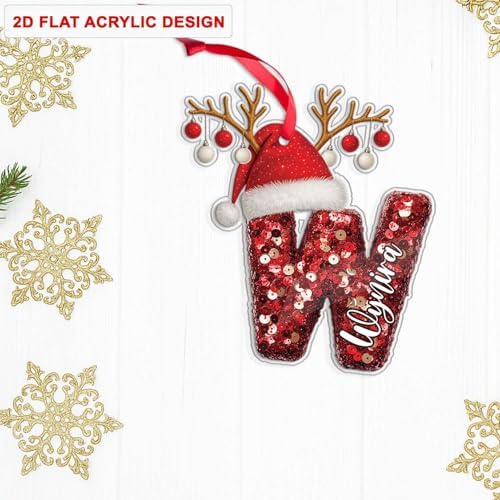 Personalized W Acrylic Ornament with Santa Hat Design