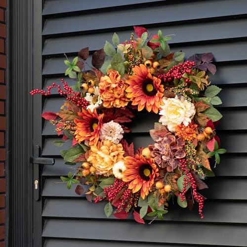 24 Inch Fall Door Wreath with Sunflowers Peonies White Pumpkins Eucalyptus Berries