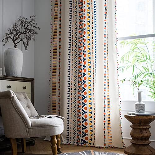 VOGOL Cotton Linen Pom Pom Tasseled Curtains 59x79 Inches