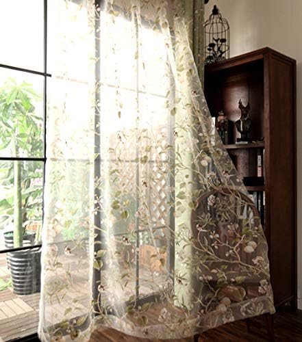 PureAqu Rod Pocket Sheer Curtain Panel Floral Birds Design 52x84 inch
