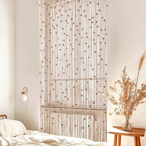 BECHAEO Boho Macrame Beaded Curtain with Wooden Beads Set of 2