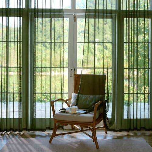 Olive Green Sheer Curtains 84 Inches 2 Panels