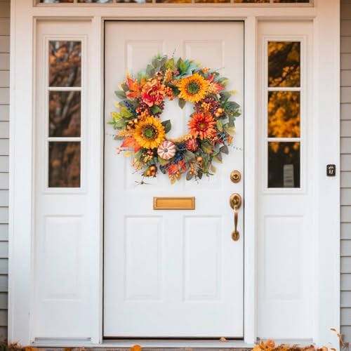 24 Inch Fall Wreath with Pumpkins and Maple Leaves