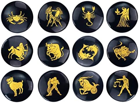 Crocon Black Agate Zodiac Symbols Stones Set of 12 for Reiki Healing