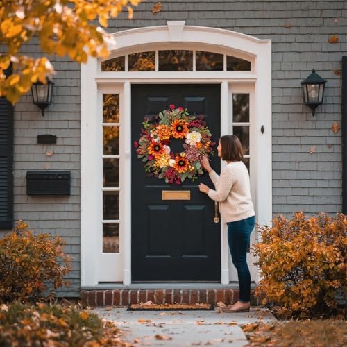 24 Inch Fall Door Wreath with Sunflowers Peonies White Pumpkins Eucalyptus Berries