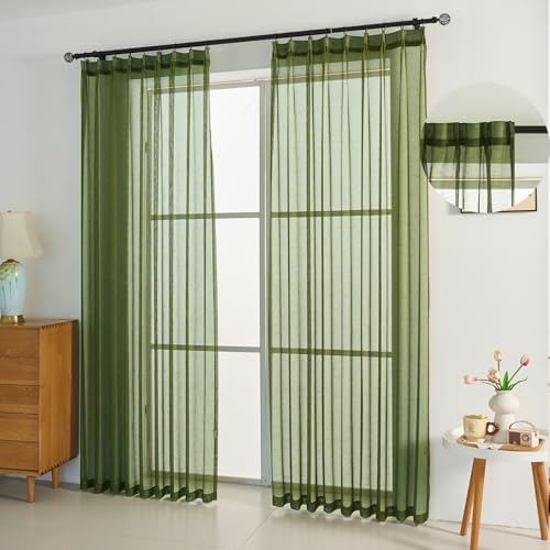 Olive Green Sheer Curtains 84 Inches 2 Panels