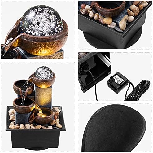 AMOOTEK Tabletop Fountain 4 Level Waterfall with LED Lights and Natural River Rocks