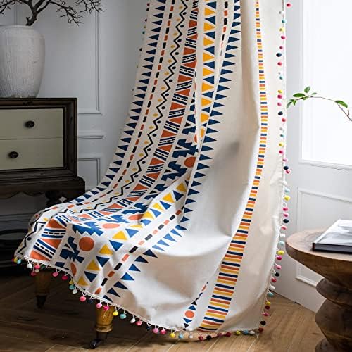VOGOL Cotton Linen Pom Pom Tasseled Curtains 59x79 Inches