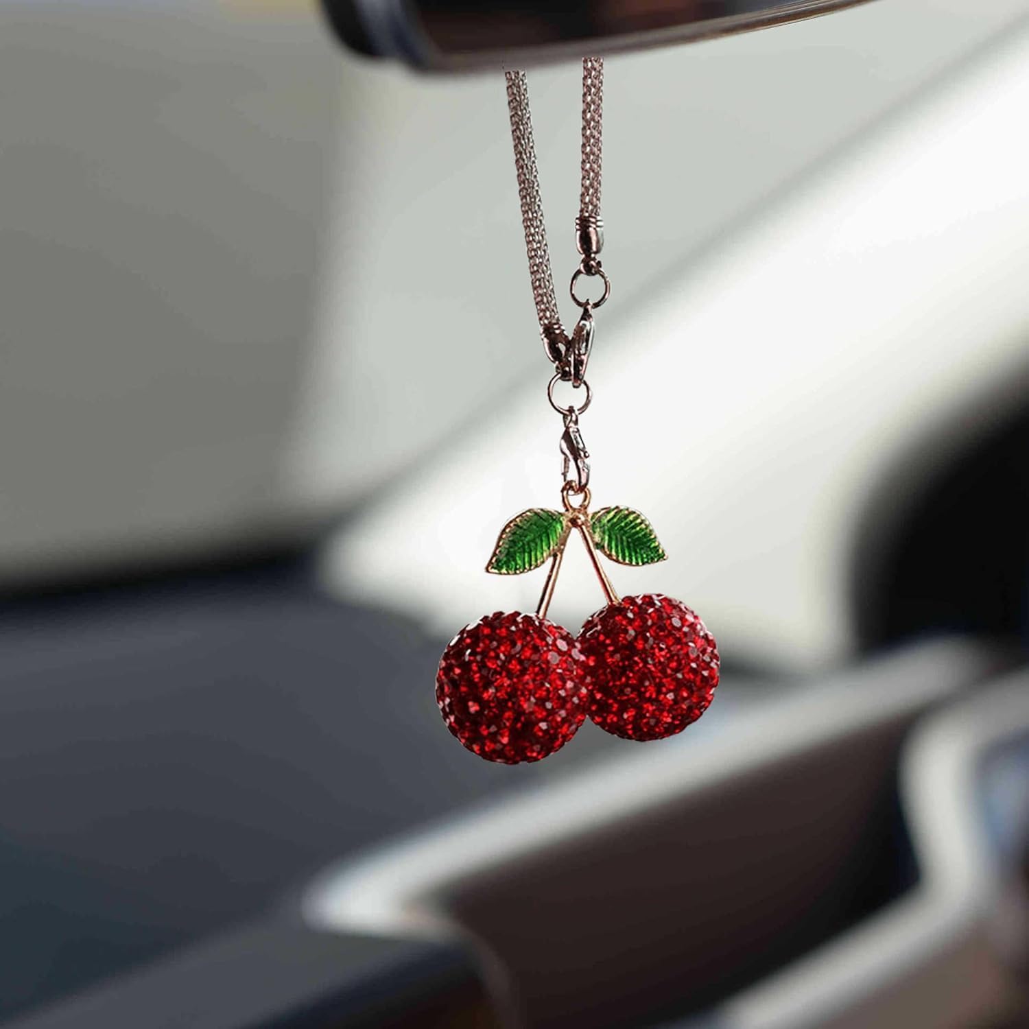 Sparkling Cherry Car Charm with Rhinestones and Leaves