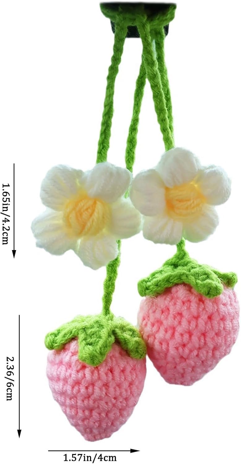LB 2PCS Crochet Strawberry Flower Car Hanging Ornament