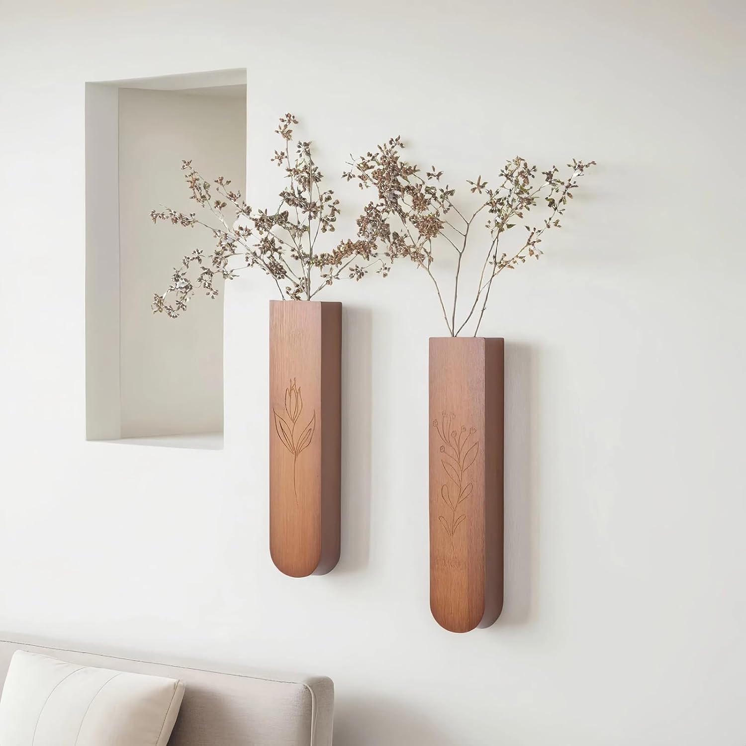 Wood Wall Vase Set of 2 for Dried Flowers and Faux Plants