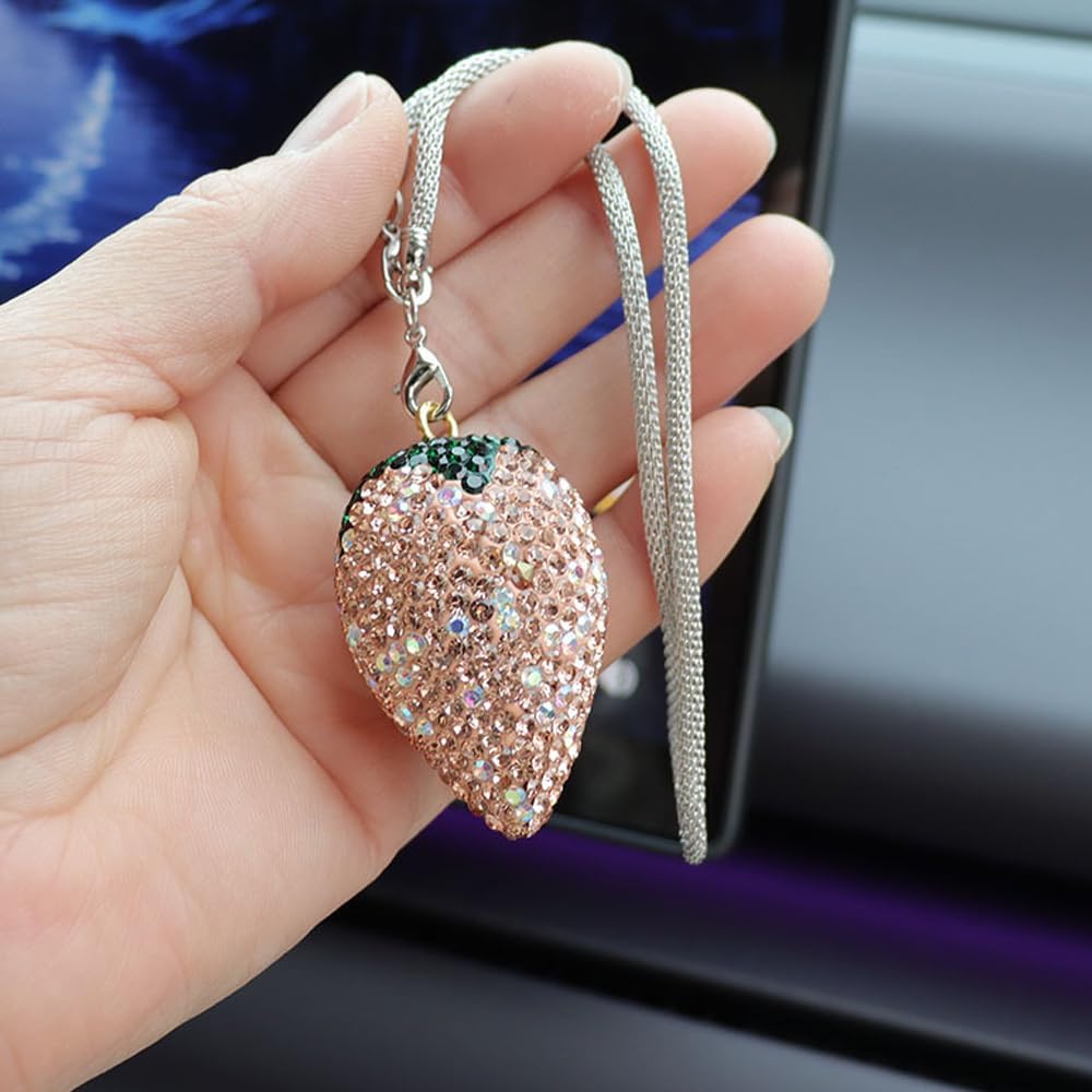 Sparkling Strawberry Car Charm Red and Light Blue Crystal Mirror Pendant
