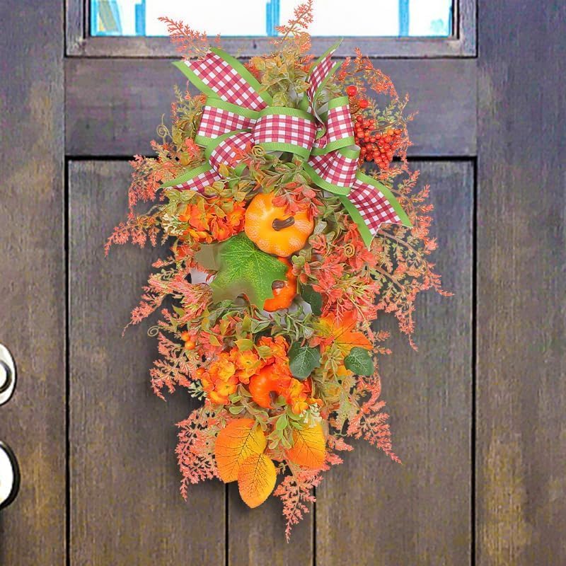 Fall Teardrop Swag Wreath with Pumpkins Sunflowers and Maple Leaves