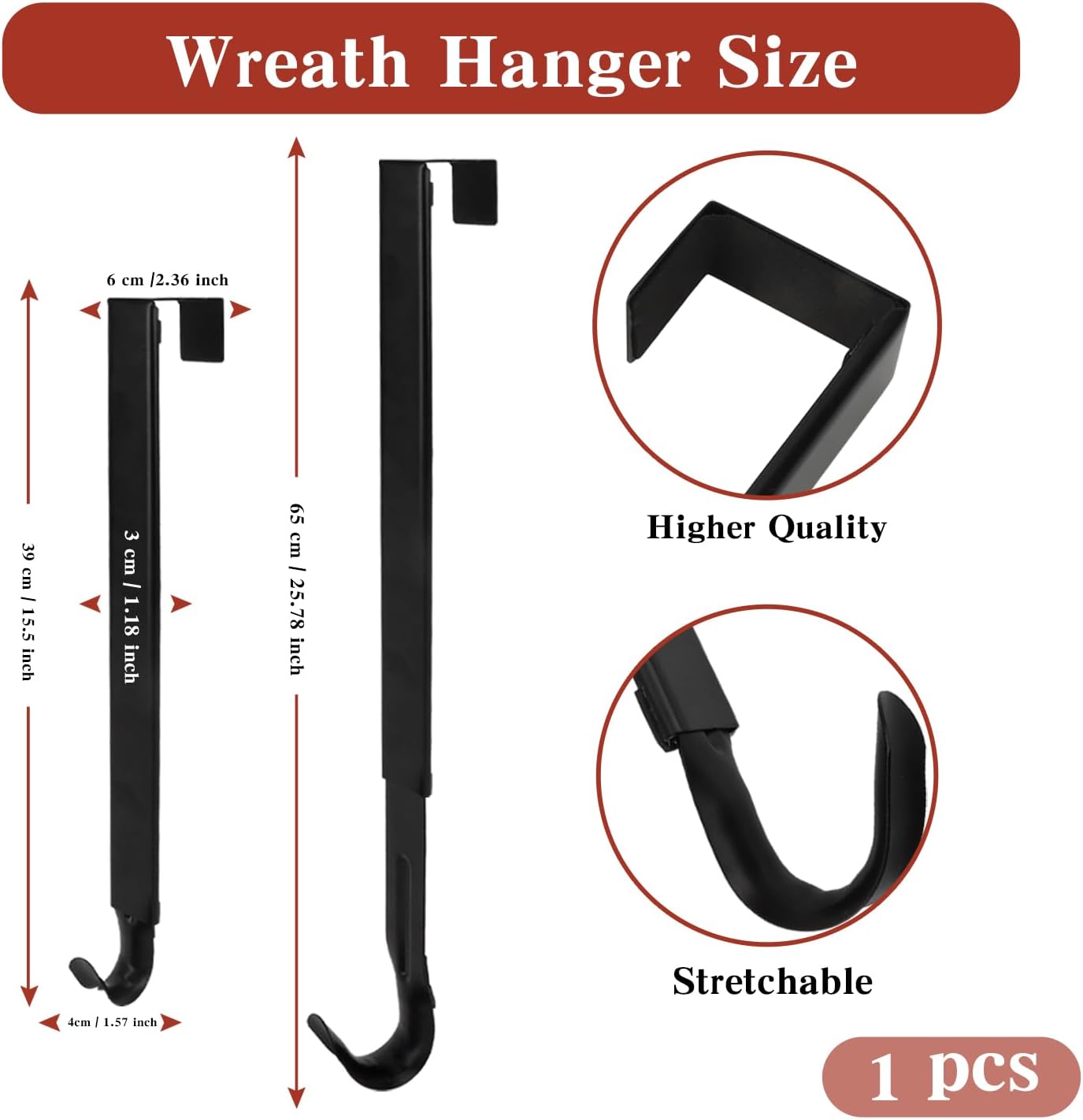 Adjustable Black Metal Wreath Door Hanger for Front Door