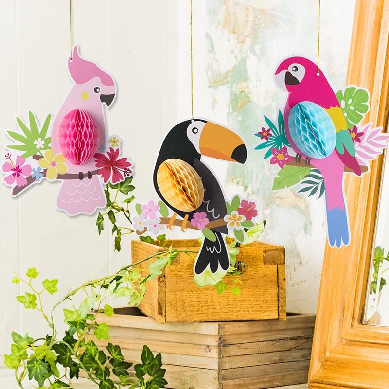 12PCS Tropical Honeycomb Decorations with Bird Parrot Cactus Pineapple