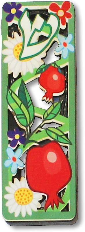 My Daily Styles Small Wooden Mezuzah Case Green Red Pomegranate Shin