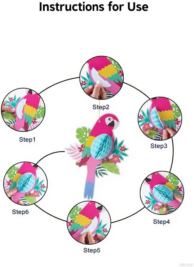 12PCS Tropical Honeycomb Decorations with Bird Parrot Cactus Pineapple