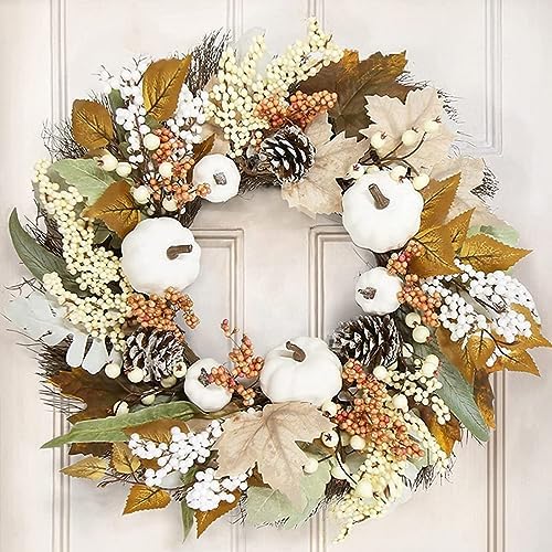 Ochine Fall Wreath Artificial White Pumpkin Wreath
